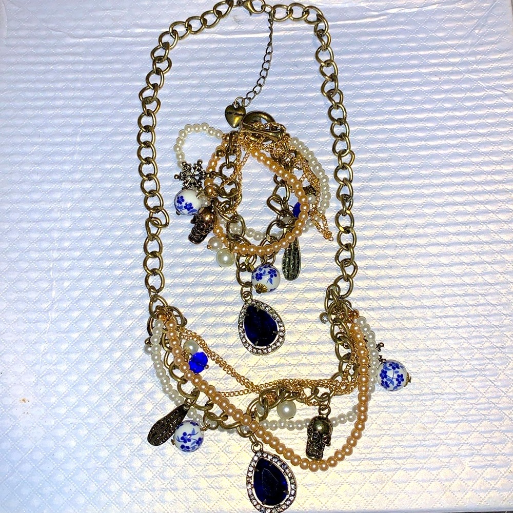 Betsey Johnson Gold and Blue Charm Necklace
